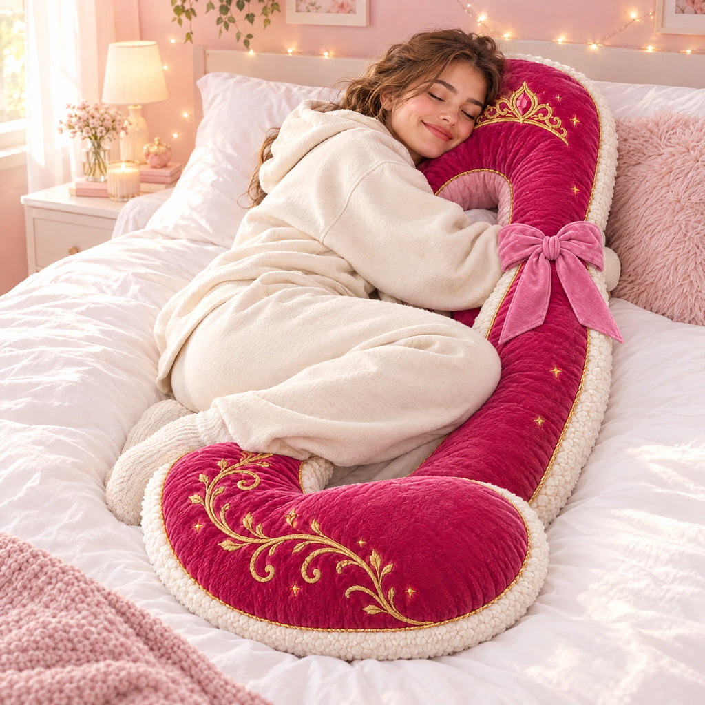 Hugging the pink Princess Pillow in bed
