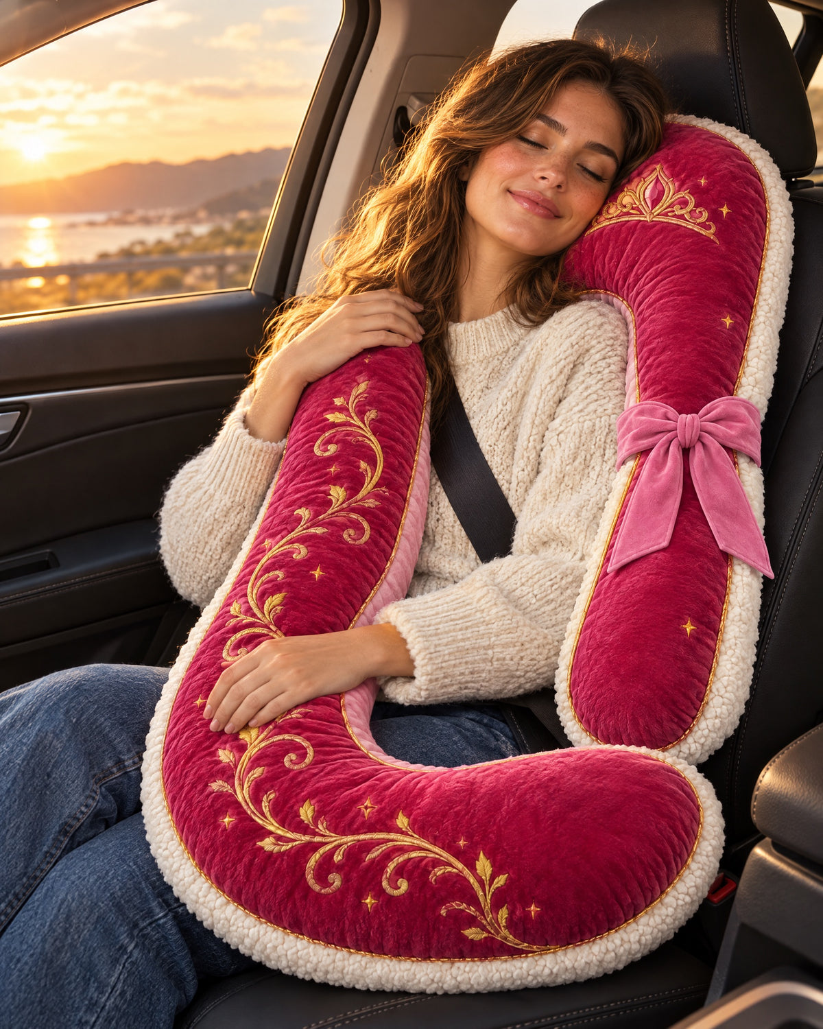 Passenger princess resting on her Princess Pillow in the car